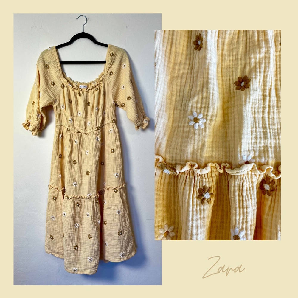 Zara Banana-Yellow Embroidered Sunflower Sundress – Size 13‑14, Preloved